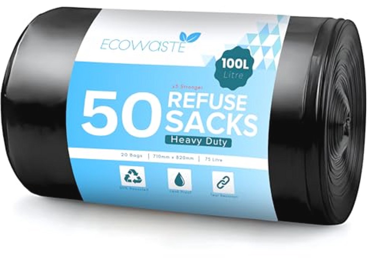 50 Dagelijkse 100L Grote Extra Sterke Vuilniszakken - Veilig, Gerecycled en Scheurbestendig voor Huishoudelijk en Commercieel Gebruik