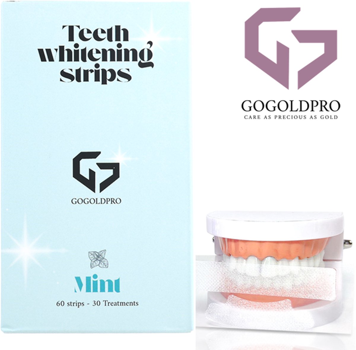 GoGoldPro 60 Tanden bleek Strips - PAP+ Strips voor Stralend Witte Tanden - Wittere Tanden Zonder Peroxide - 100% Veilig en Natuurlijk! - Teeth Whitening Strips - 7 Verschillende Smaken - Munt