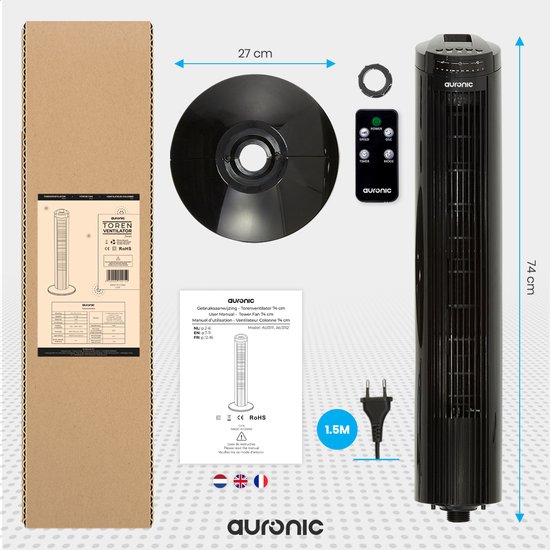 Auronic Torenventilator - Staande Ventilator met Afstandsbediening - Vloerventilator - Timer - Kolomventilator - Fan - 50W - 45dB - 74cm - Zwart