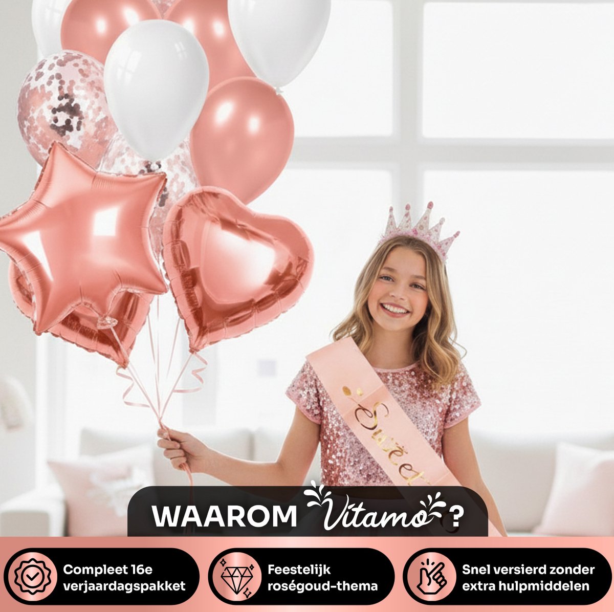 Vitamo™ Roségoud Sweet 16 - 16 Jaar Verjaardag Versiering- Feestversiering - Happy Birthday - Feestpakket - Ballonnen - Slinger - Verjaardagsfeest - Feestartikelen - Feestdecoratie Roze Goud — afbeelding 7
