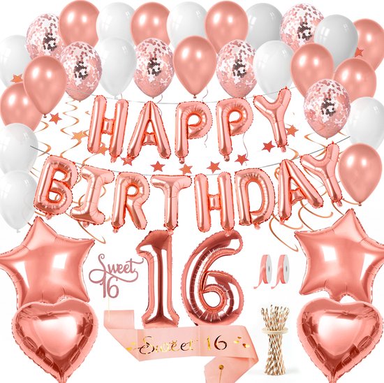Vitamo™ Roségoud Sweet 16 - 16 Jaar Verjaardag Versiering- Feestversiering - Happy Birthday - Feestpakket - Ballonnen - Slinger - Verjaardagsfeest - Feestartikelen - Feestdecoratie Roze Goud