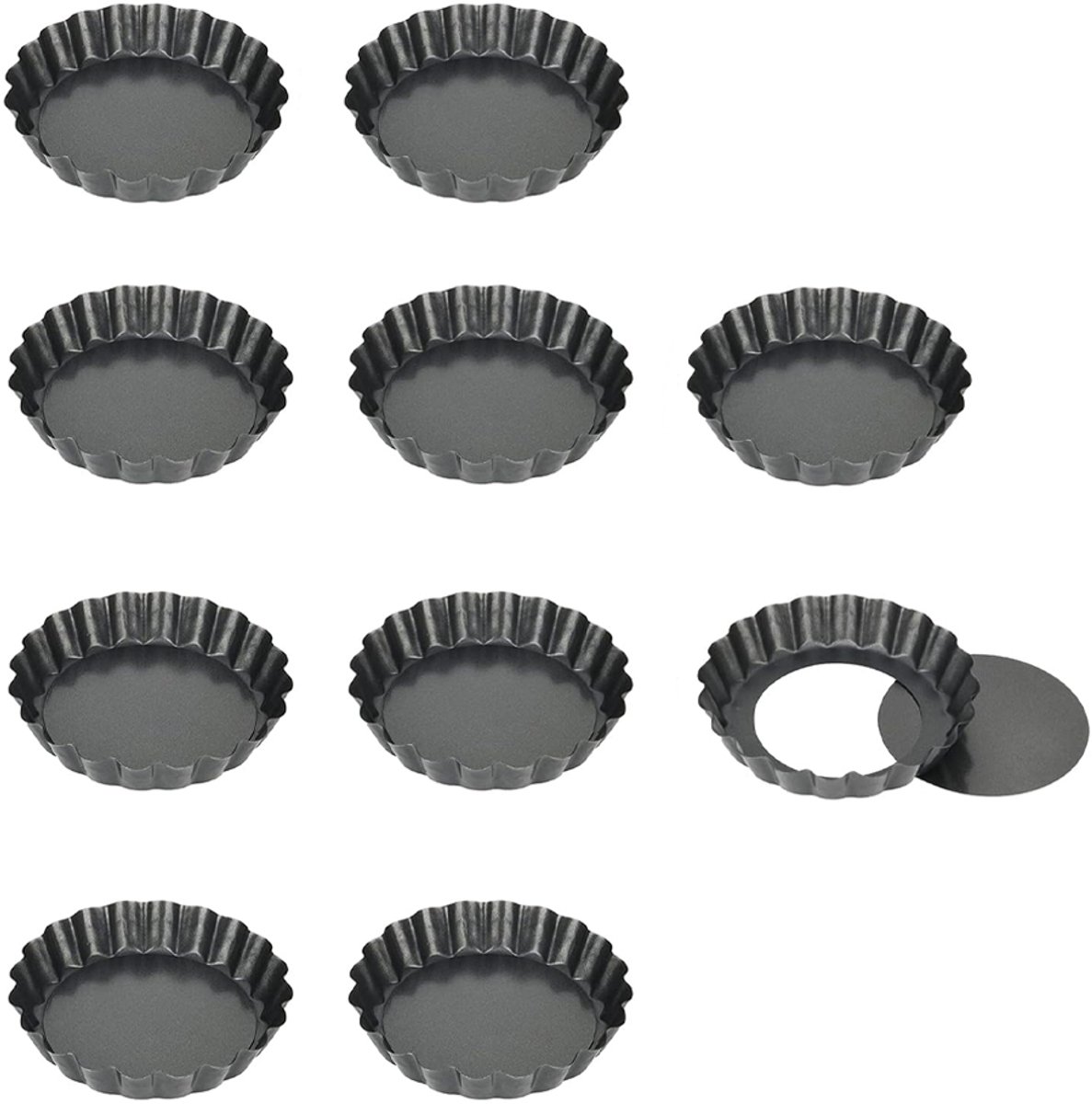 OUYLAF Tartelettevormen - mini taartvormpjes - taartvormpjes 10 cm - Quichevorm met losse bodem - Bakvorm - Taartvorm - tartelette vormpjes van koolstofstaal - 10 stuks