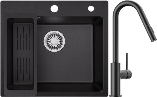 Sofetiy Max - Keukenspoelbak - Graniet, 1 Bak, Zwart Met Afvoerset - 40x45 Cm