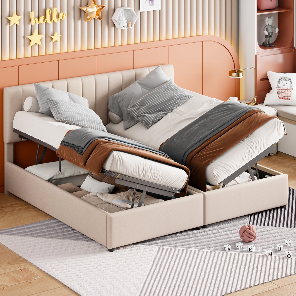 STILVORA Gestoffeerd Bed 180x200 cm - Tweepersoonsbed Met Praktische Opbergruimte - Linnen - Beige