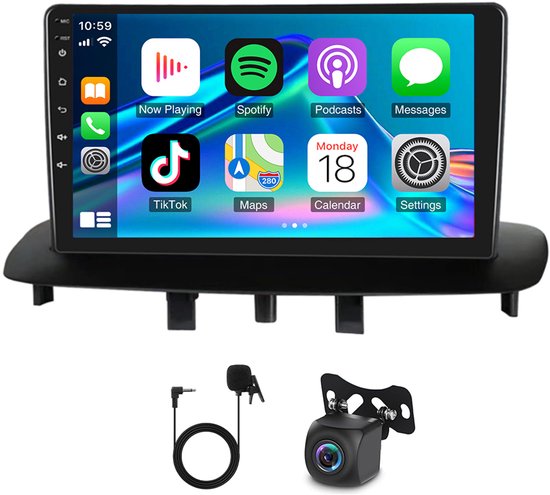 Autoradio - 4+64 GB, 9 inch, Android 14 - Ondersteunt CarPlay en Android Auto | GPS, SWC-functie voor gesplitst scherm + AHD-achteruitrijcamera - Geschikt voor de Renault Megane 3 van 2009-2014