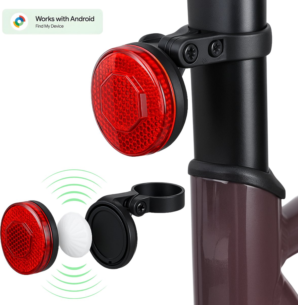 Fiets tracker voor Android - Loshall - Compatibel met Android Find My Device - Fietsreflector inclusief verborgen tracker voor Android - Bluetooth tracker - Google Find Hub - Onbeperkte lokalisering - Met geluidssignaal - Waterdicht - Zwart