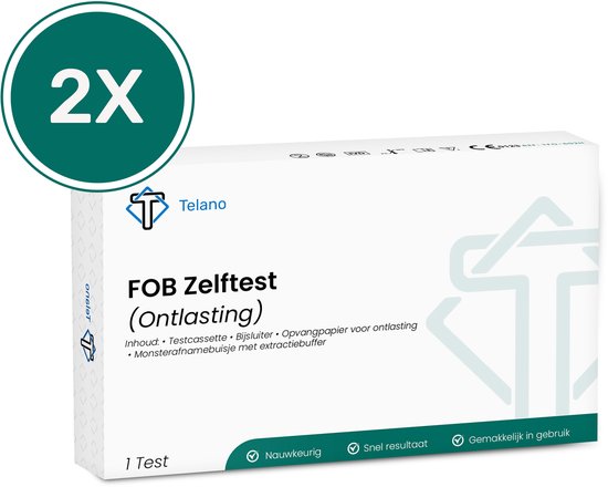 2 stuks FOB Sneltest voor Verborgen Bloed in Ontlasting - Zelftest Binnen 5 Minuten Resultaat - Telano FOB test