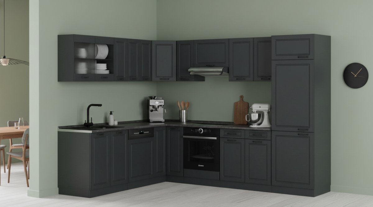 Hoekkeuken L-Vorm 227x287 cm met Werkblad – Moderne Keuken Antraciet Landhuis Stijl – Complete Keukenopstelling met Verstelbare Poten & Modulair Ontwerp – Duurzaam Spaanplaat met Melamine Coating – Vrijstaande Keuken – Novihome