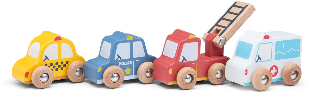 Woet® Houten Voertuigenset - 4 Speelgoed Auto's - Politie, Brandweer, Ambulance en Taxi - Speelgoedvoertuigen Hulpdienst - Vanaf 18 Maanden — afbeelding 2