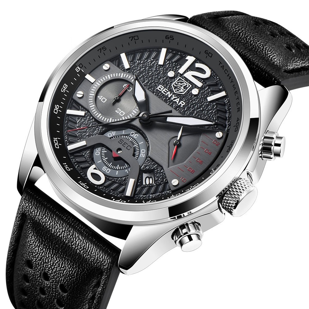 Horloge Heren - Leren Band - Chronograaf - Zwart