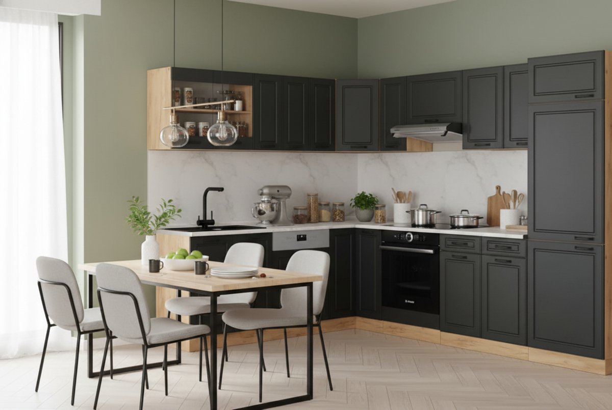 Hoekkeuken 227x287 cm – Luxe L-Vorm Keuken met Marmer Werkblad – Antraciet Landhuis & Goldkraft Eiken – Moderne Design Keuken met Verstelbare Poten – Novihome