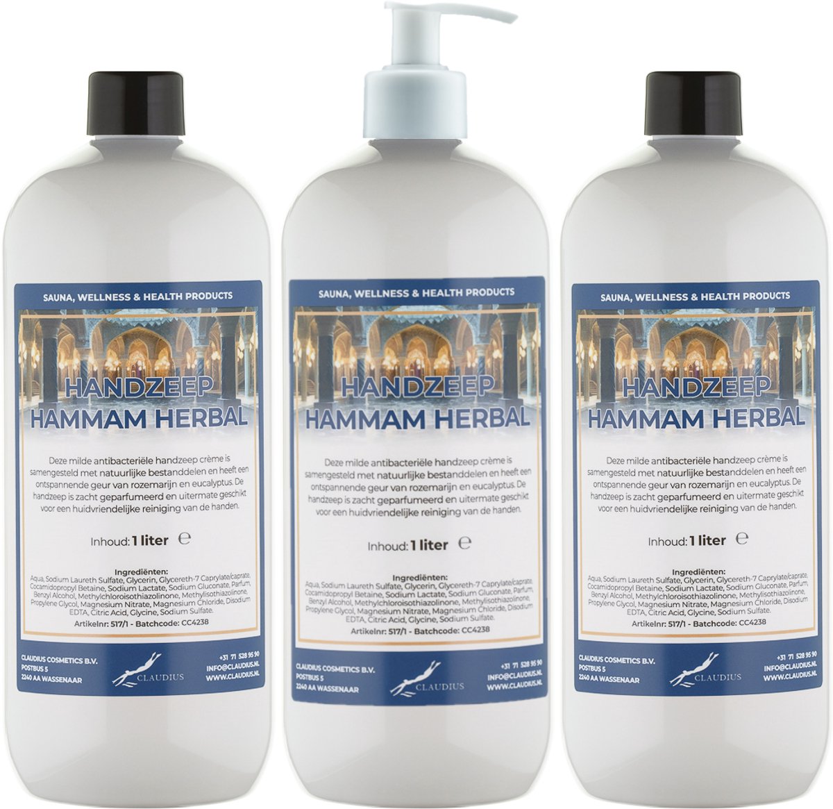 Handzeep Hammam Herbal 1 liter - set van 3 stuks - met gratis pomp - Voordeelverpakking
