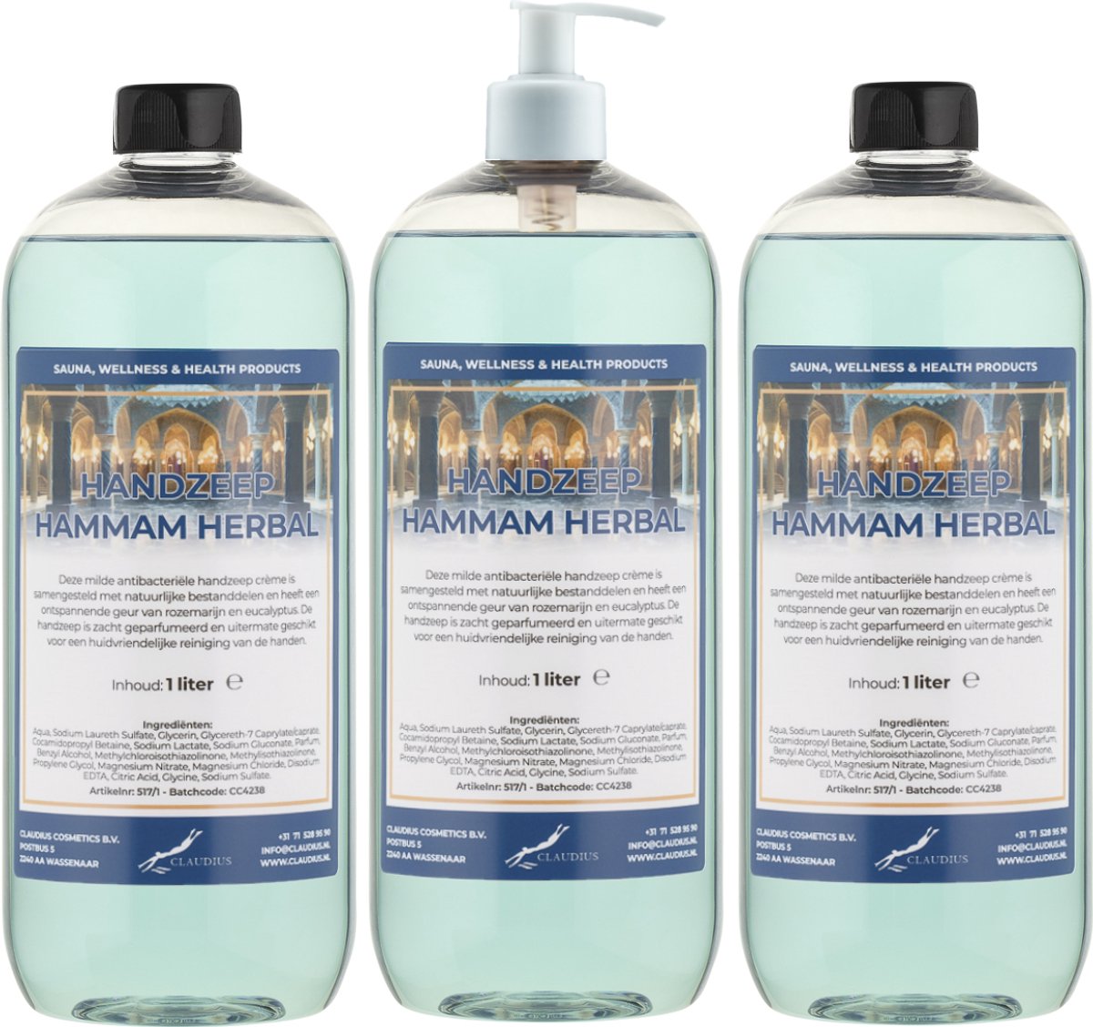Handzeep Hammam Herbal 1 liter - set van 3 stuks - met gratis pomp - Voordeelverpakking