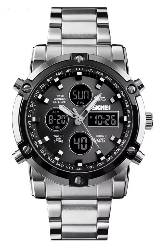 SKMEI herenhorloge met zilverkleurige metalen band en donkergrijs, rond display. Met digitale tijdweergave, datum en wereldtijden.