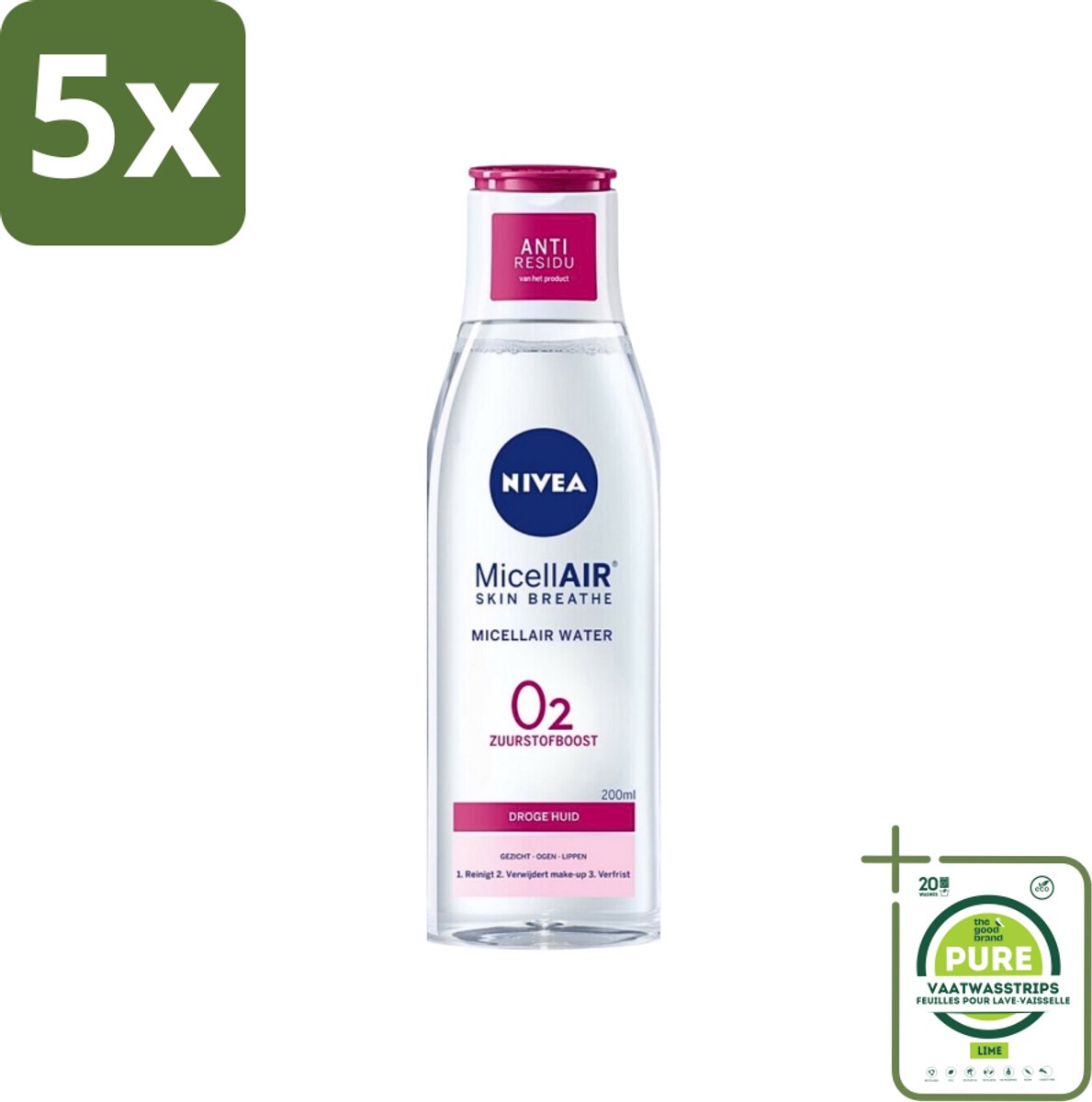 5 x Nivea - O2 Zuurstofboost Micellair Water - Droge Huid - 200 ml - Grootverpakking - Micellair Water - Reinigingswater - Droge Huid - Gevoelige Huid - NIVEA O2