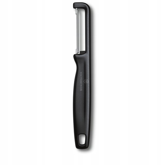 Économe Victorinox noir avec lame verticale en acier inoxydable, logo de la marque et trou de suspension.