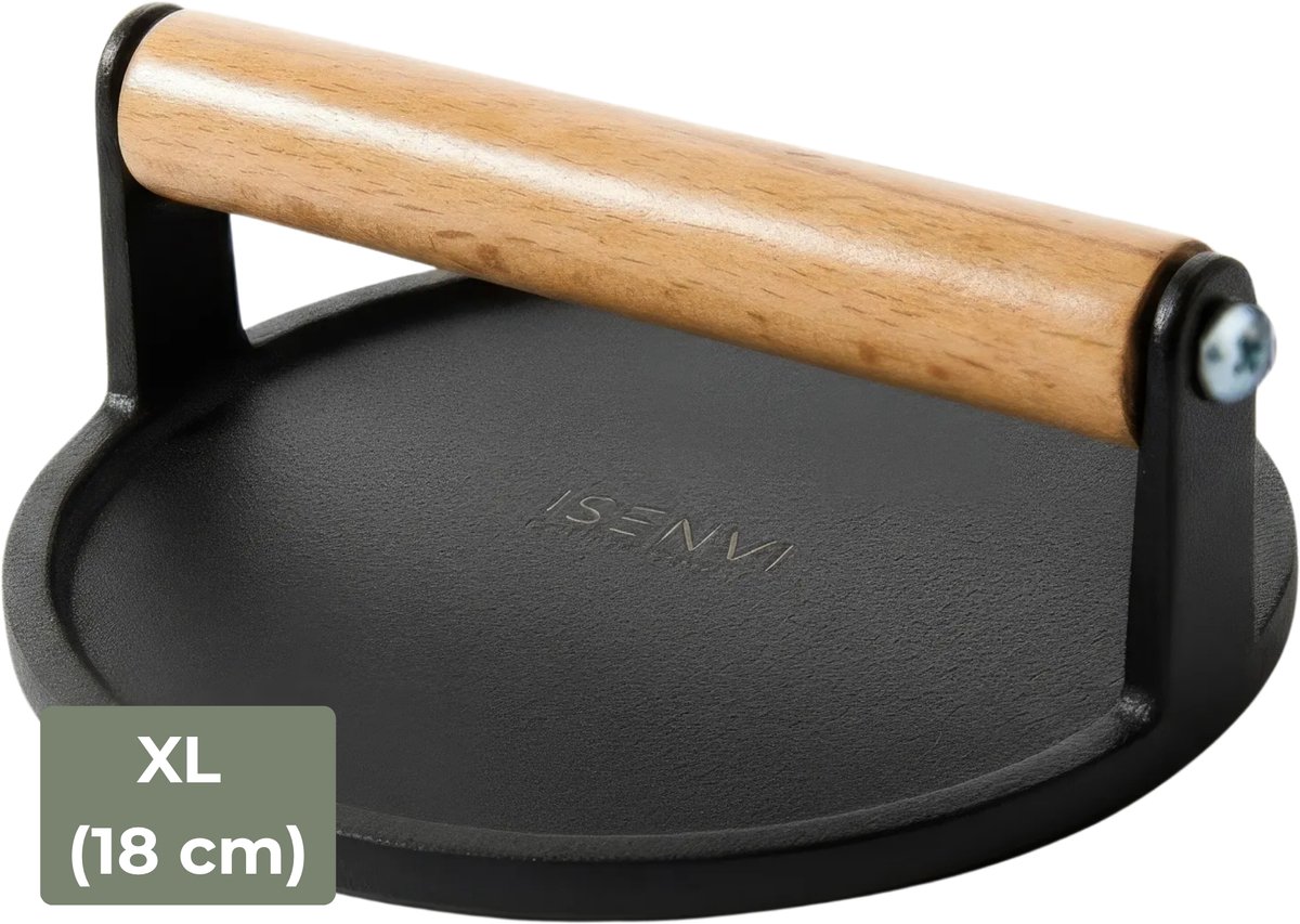 ISENVI Byron - Hamburgerpers - Gietijzer - XL (18 cm) - Extra Zwaar - Smash Burger Press - Hamburgermaker - BBQ Accesoires