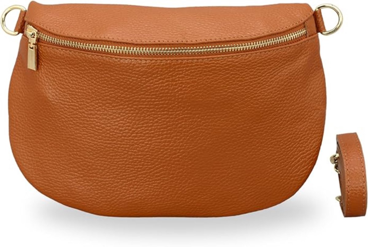 BELCHOME AFIA heuptas voor dames, handgemaakte schoudertas en crossbodytas van echt leer met leren riem en brede schouderband met patroon, 3 vakken, stijlvol, gemaakt in Italië, Cognacbruin