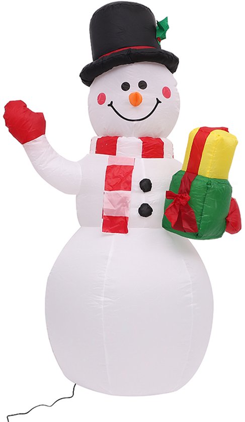 Opblaasbare sneeuwpop met zwarte hoed, rode sjaal, rode wanten en een cadeautje.