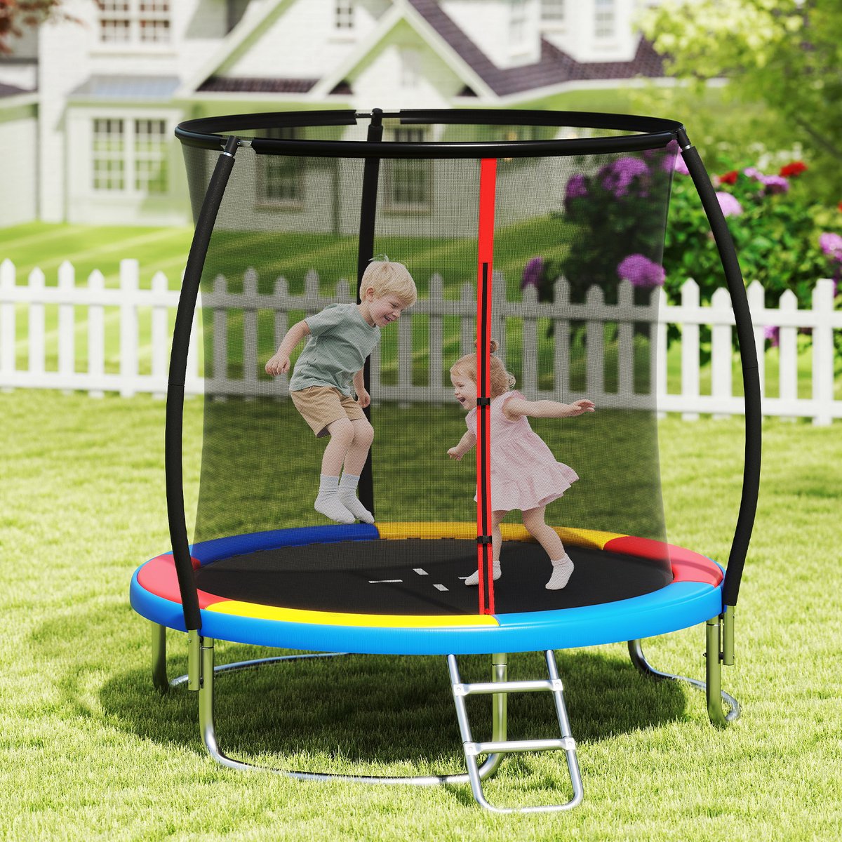 COSTWAY Ø 244 cm trampoline met ladder, tuintrampoline rond met veiligheidsnet, randafdekking en metalen frame, kindertrampoline, complete set voor kinderen en volwassenen — afbeelding 2