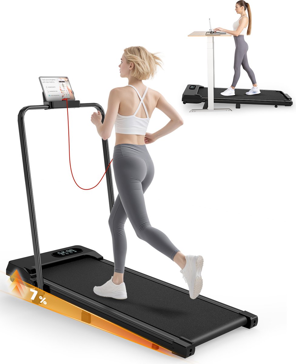 Loopband - Inklapbaar loopband Elektrisch met armleuningen 1-10 km/u - met afstandsbediening en LED-display - Walkingpad - Treadmill - Zwart