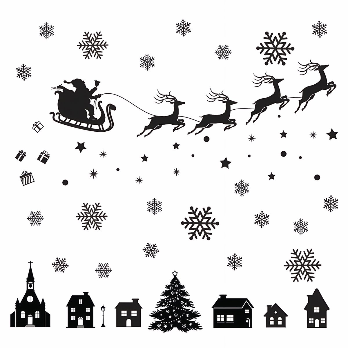 Kerst Raamstickers Zwart Silhouet - 83-Delige Kerstman Rendier Slee Set - Zelfklevend PVC - Winkel Etalage Huisdecoratie - Feest Cadeau