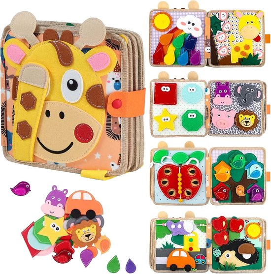 Gele giraffen stoffen boek met bijpassende accessoires. Bevat 8 vellen met regenboog, dieren, vormen, auto's, een egel en vogels.