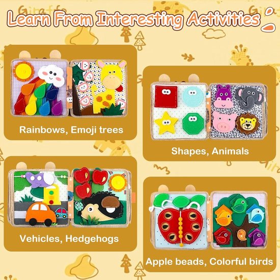 Zijdeglansboek met vier scènes: regenboog, eenhoorn, auto, appel, en vogels. Teksten: Rainbows, Emoji trees, Vehicles, Hedgehogs, Apple beads, Colorful birds.