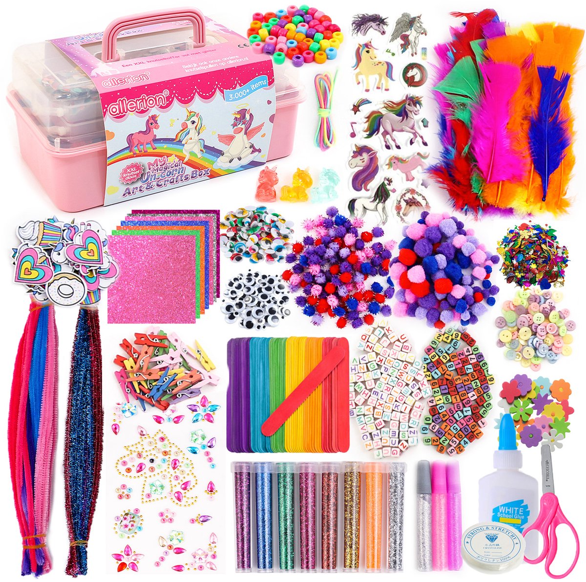 Allerion Glitter Knutseldoos Unicorn XXL – 3000+ delig – Voor Jongens en Meisjes – Creatief Speelgoed - Knutselen