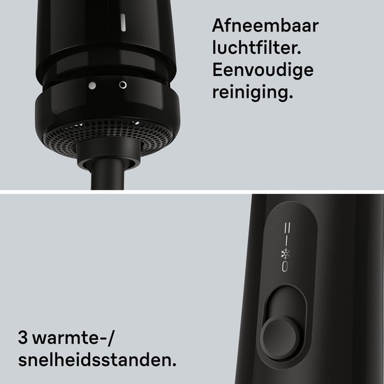 Zwarte stijltangborstel met afneembaar luchtfilter en 3 warmte-/snelheidsstanden.