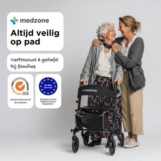 Twee vrouwen, een oudere en een jongere, lachen samen met een Medzone rollator.
