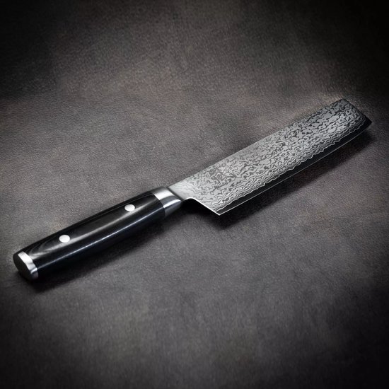 Yaxell Japonais - Série Ran - Couteau de Chef Nakiri - Acier VG10 - 61 HRC - Lame 16,5 cm - 69 Couches d'Acier Damassé - Toile-Micarta Heft