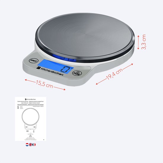 RVS keukenweegschaal met afmetingen: 19,4 cm breed, 15,5 cm diep en 3,3 cm hoog. Het scherm toont 0.