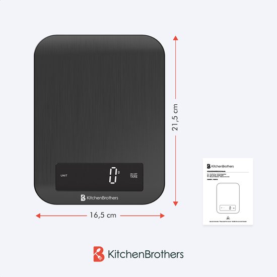 Balance de cuisine KitchenBrothers noire avec écran numérique, dimensions 16,5 cm et 21,5 cm.