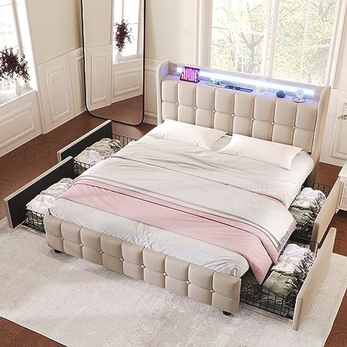 Opgemaakt Bed met Hoofdbord en 4 Laden, 180 x 200 cm, Tweepersoonsbed, Opbergbed, Bedconstructie, Houten Lattenbodem, Linnen (Beige, Exclusief Matras)