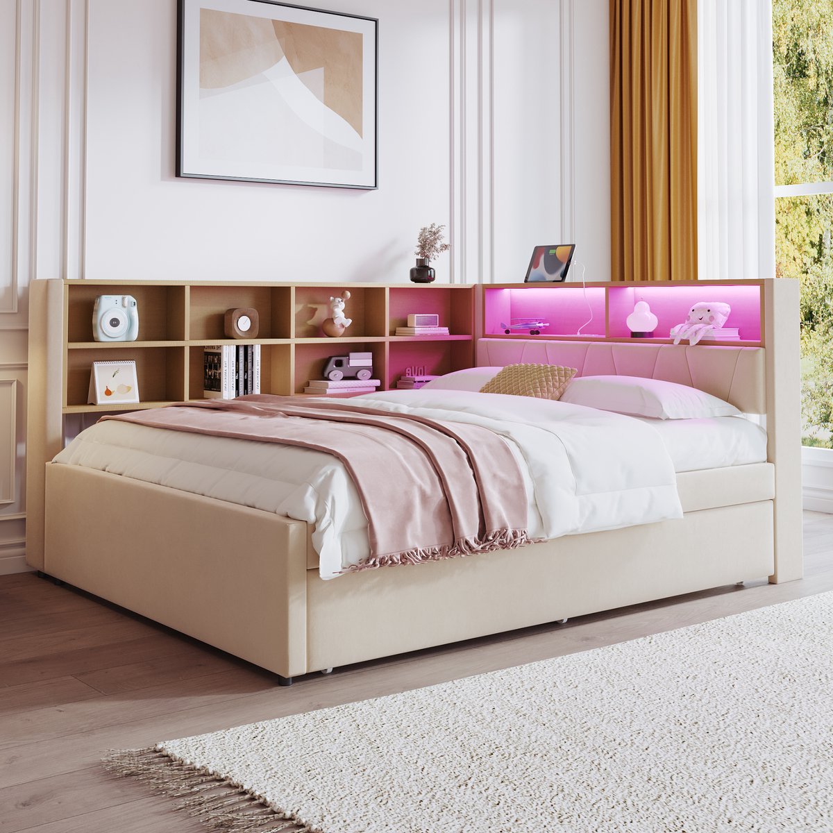 OKWISH Slaapbank 140x200 cm - Gestoffeerd Bed Met Veel Opbergruimte - Moderne Stijl - Flanel - Beige