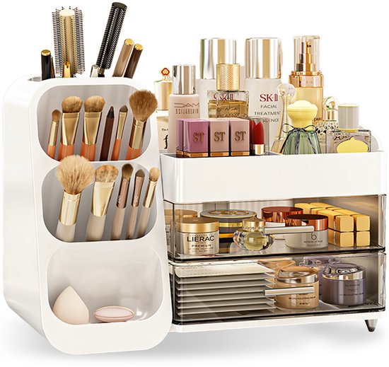 D' Lor Make-up Organizer – Luxe Cosmetica Opberger met Lades & Compartimenten – Voor Make-up, Parfum, Penselen en Meer – Wit