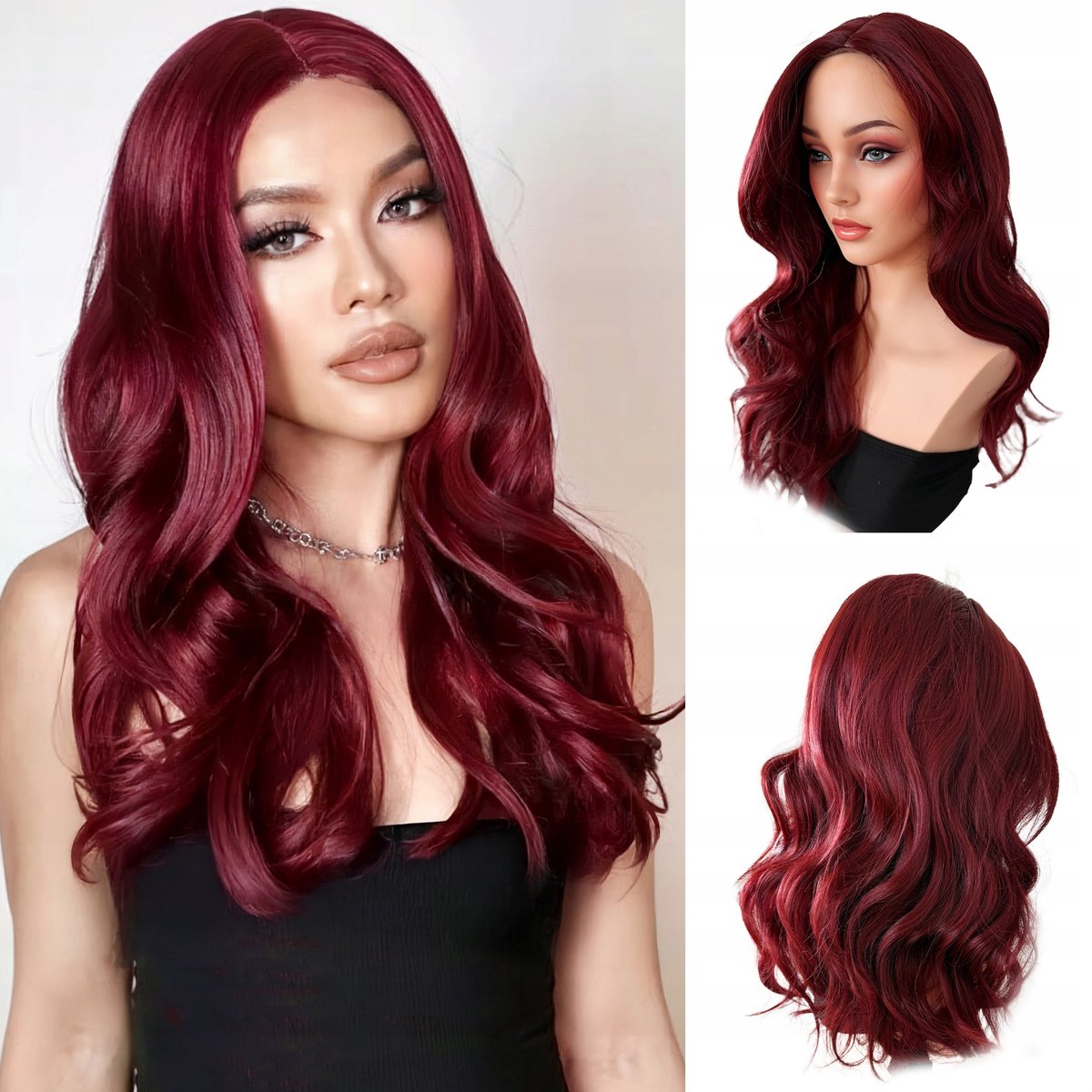 Synthetische Pruik Bordeaux Rood Golvend Krullen 50cm