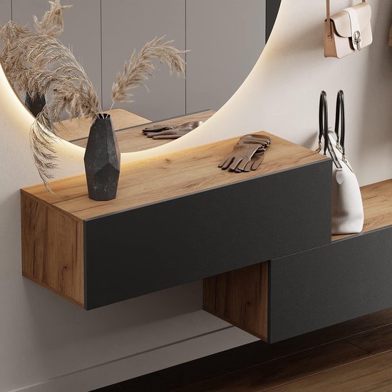 Armoire / Commodes Noaahome « ​​DuoElegance » – 2 x 100 cm, Chêne Goud / Anthracite, Fixation murale, Bois composite avec amortisseur à gaz, Design moderne pour entrée, hall et couloir