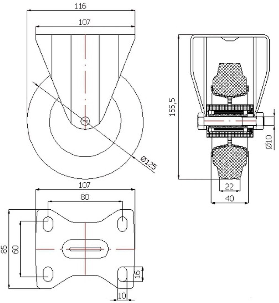 Vast Zwart Rubber Wiel 125mm - 70kg Draagvermogen