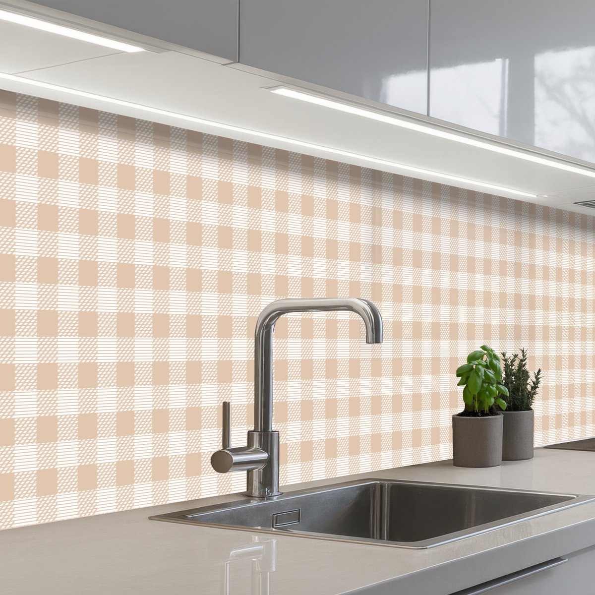 Keuken achterwand 300x60 cm - Spatscherm zelfklevend Plaid - Patroon - Vierkant - Beige - Muurbeschermer - Spatwand fornuis