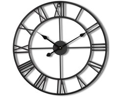 HSXL - 60cm Grote Stille Wandklok Landelijk en Industrieel uit Zwart Metaal - Groot - 60 cm - Metalen Industriële Klok met Romeinse Cijfers - Modern