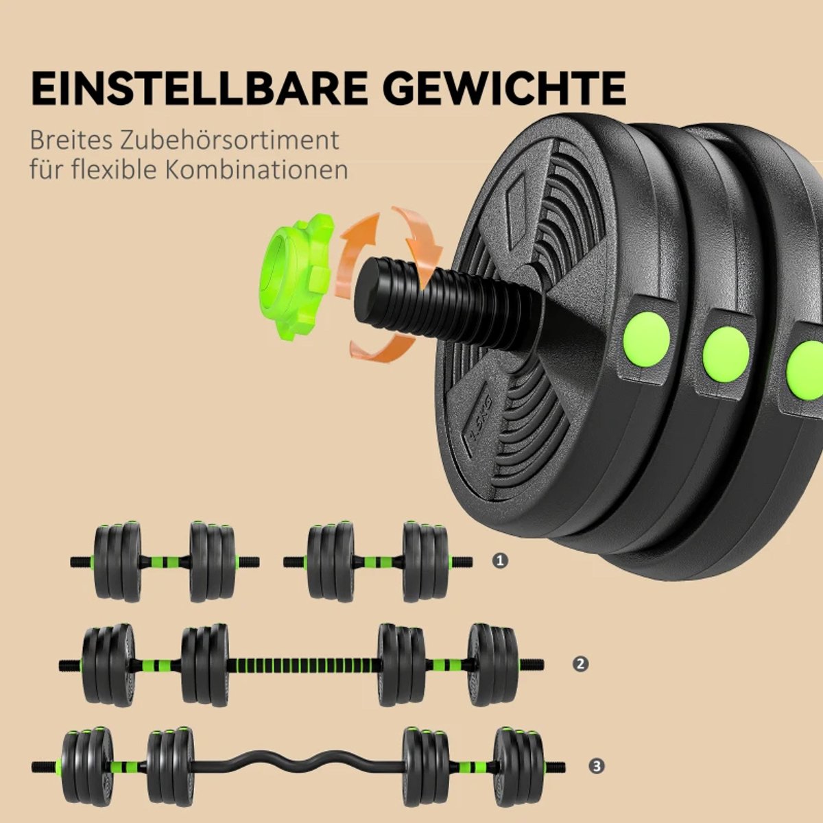 3-in-1 Verstelbare Dumbbells, Halter & Kettlebell Set - Gewichten Set met 12 Schijven: 4 x 2 kg, 4 x 1,5 kg, 4 x 1,25 kg- 20 KG Verstelbare Halterset - Thuis Fitness - Thuisgym - Zwart/Groen – foto 7