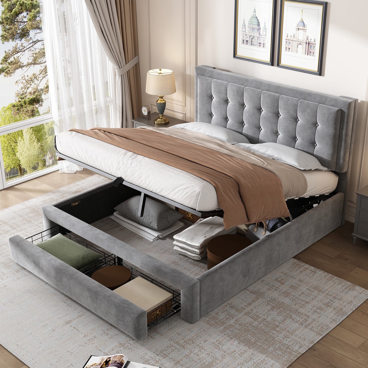 OKWISH Tweepersoonsbedden - 140x190 cm - Bed Met Lades En Hydraulische Opbergruimte - Ruim
