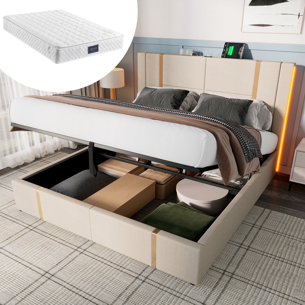 OKWISH Gestoffeerd Bed Tweepersoonsbedden 140x200 cm - Bed Met Opbergruimte - Met USB Oplaadfunctie En LED Verlichting - Hydraulisch Opbergbed - Linnenmateriaal - Beige