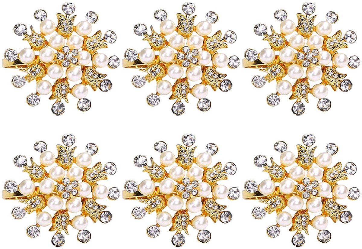 JeiibrZui Gouden servetringen - Kerstservetringen - Elegant bloemendesign, duurzaam metaal - Set van 6 - Feestelijke tafeldecoratie