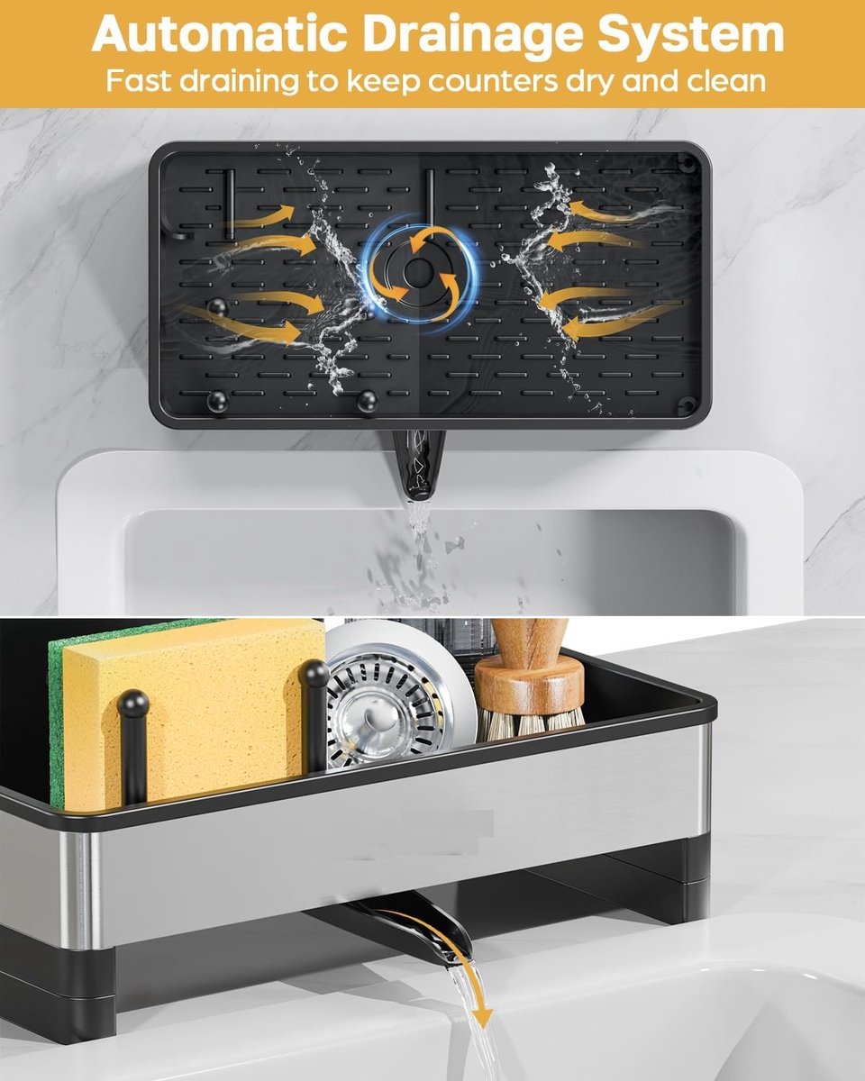Famanu – Spoelbak organizer voor keuken, roestvrij staal, sponshouder met afvoerbak, afneembare borstelhouder en handdoekhouder