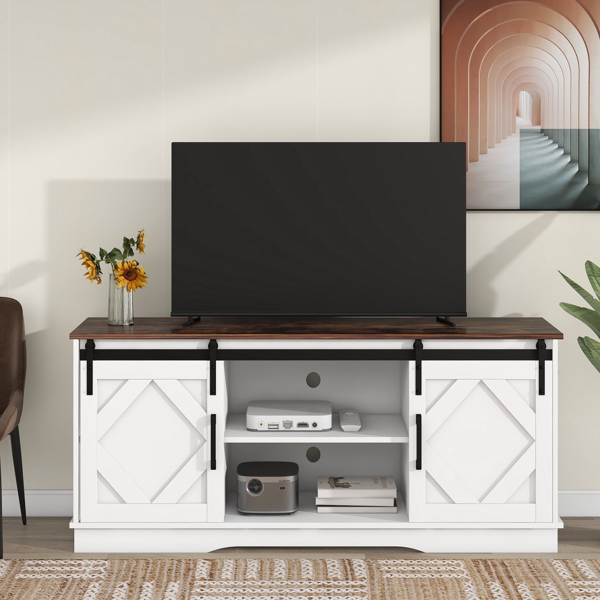 MODFU TV-meubel 150x40x60 cm van spaanplaat en metaal, met schuifdeuren en verstelbare planken, landelijk-modern