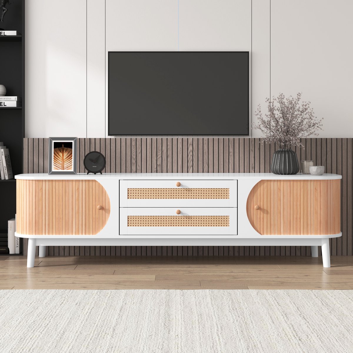 MODFU TV-meubel 170 x 46 x 39,5 cm van MDF en massief hout, wit, met rieten lades en deuren, landelijk ontwerp