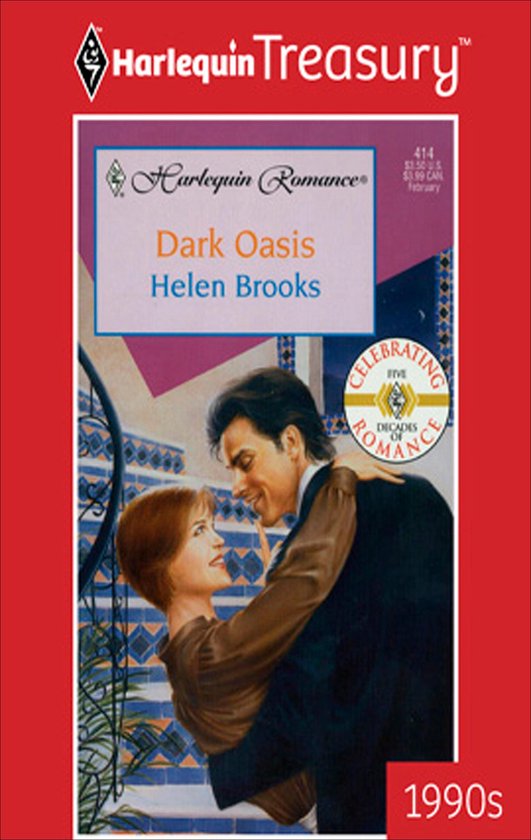 Een man en vrouw omhelzen elkaar met liefde. Titel: Dark Oasis. Harlequin Romance.
